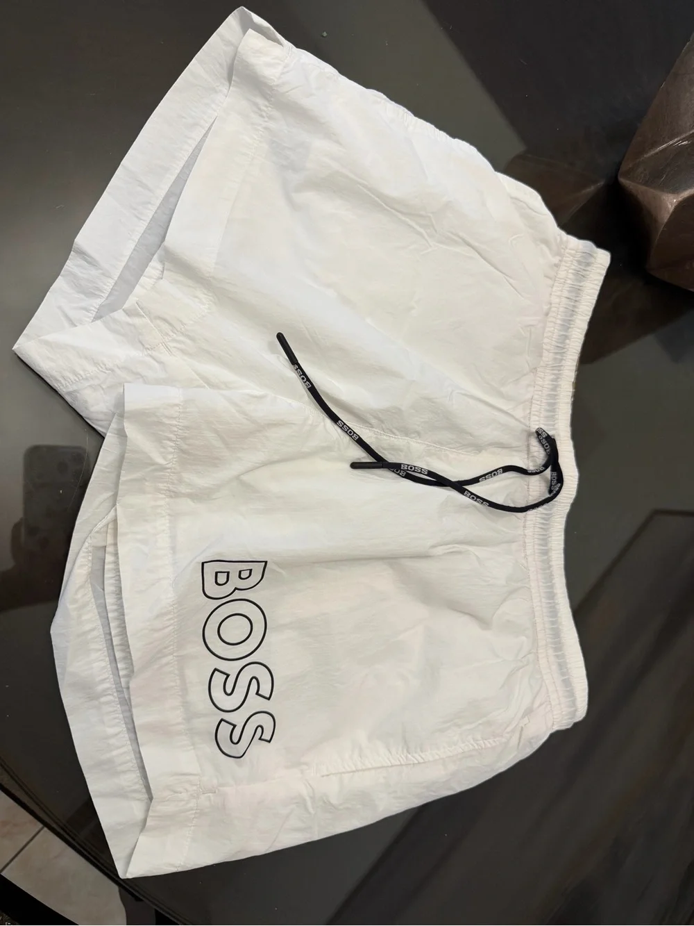 Boss White Swim Shorts with Black Logo and Drawcord